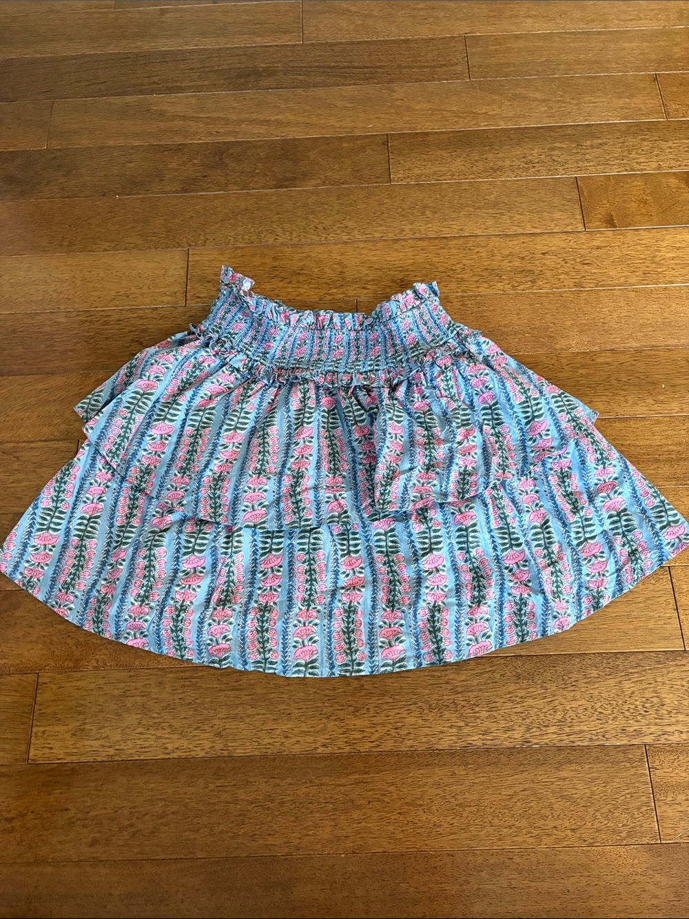 Smocked Floral Stripe Skater Skirt in Light Blue and Pink